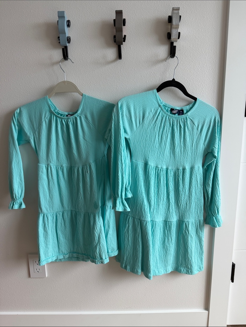 Lands' End Girls' Aqua Tiered Long Sleeve Dress - Mint Blue